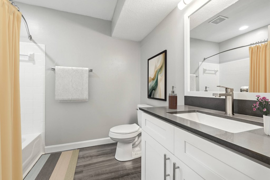 A bathroom with a toilet, sink, and mirror.