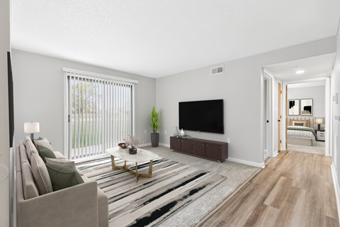 A living room with a couch, a coffee table, and a television.