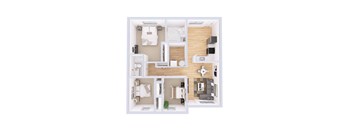 A top-down view of a small apartment with a kitchen, living room, and two bedrooms.
