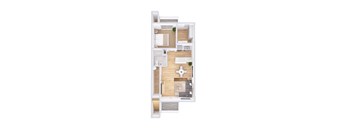 A floor plan of a house with a kitchen, living room, and bathroom.