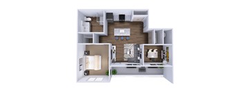3D floor plan with two bedrooms and open layout at Wrights Point* Apartments, Ft Wright, Kentucky