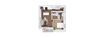 3D floor plan with one bedroom and bathroom at Wrights Point* Apartments, Ft Wright