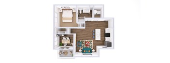 A white dollhouse with a brown floor and furniture.