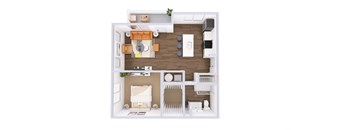A top-down view of a small apartment with a kitchen, living room, and bedroom.