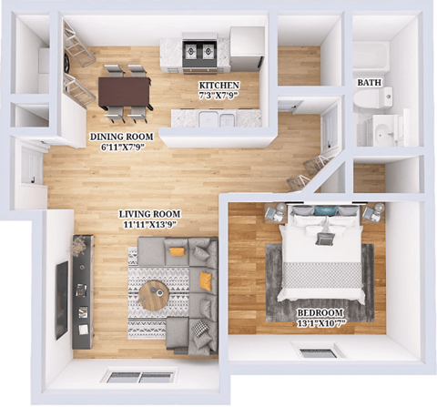 1 Bed 1 Bath Floor Plan at Prescott Place, Columbus, 43235