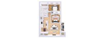 A floor plan of an apartment with a living room, kitchen, dining area, and two bedrooms.