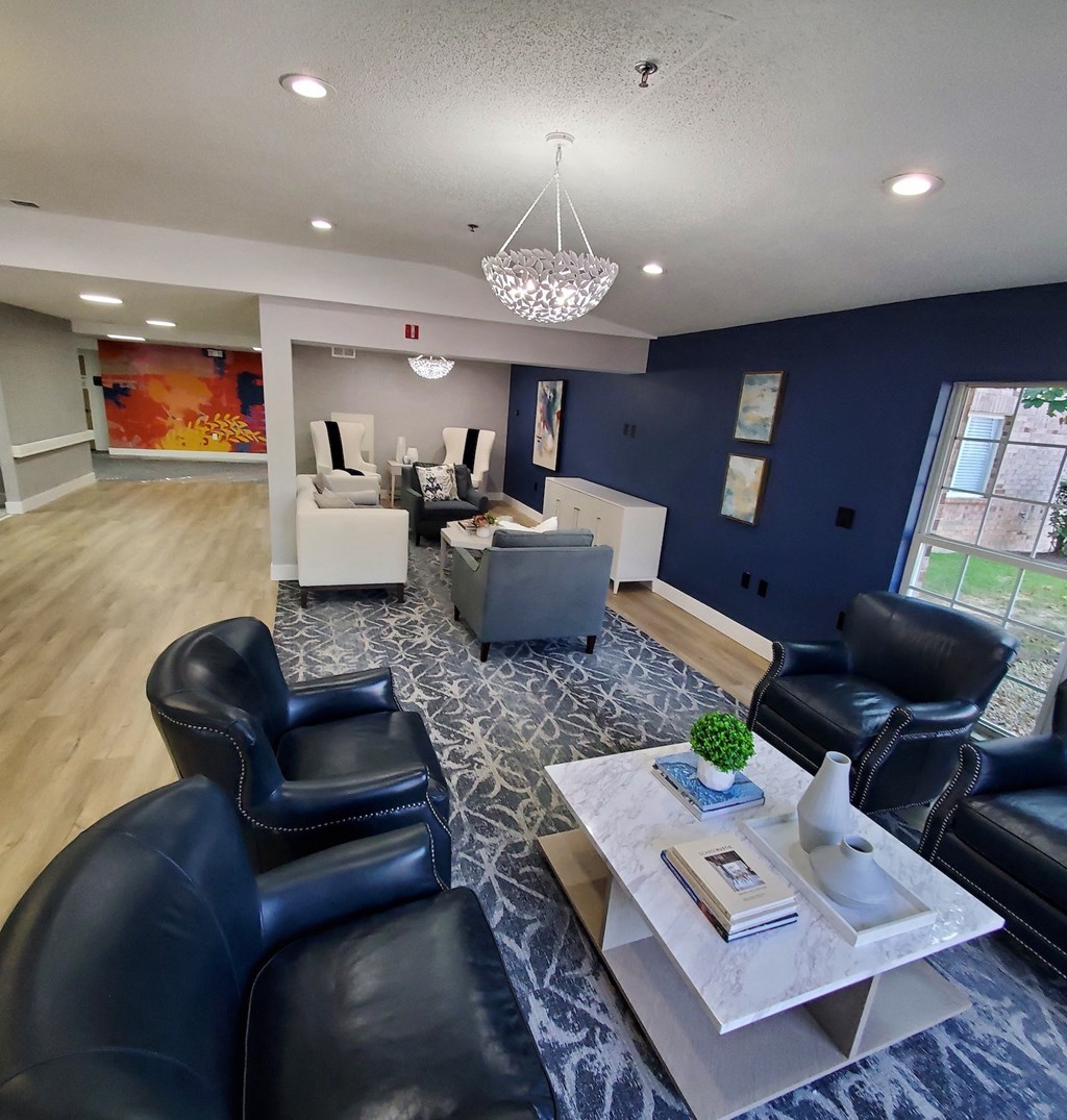 a living room with blue walls and leather chairs and couches