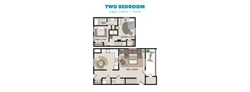 A floor plan of a two bedroom, two bathroom apartment.