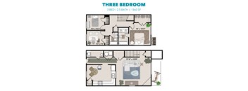 A diagram of a three bedroom apartment with dimensions and furniture layout.