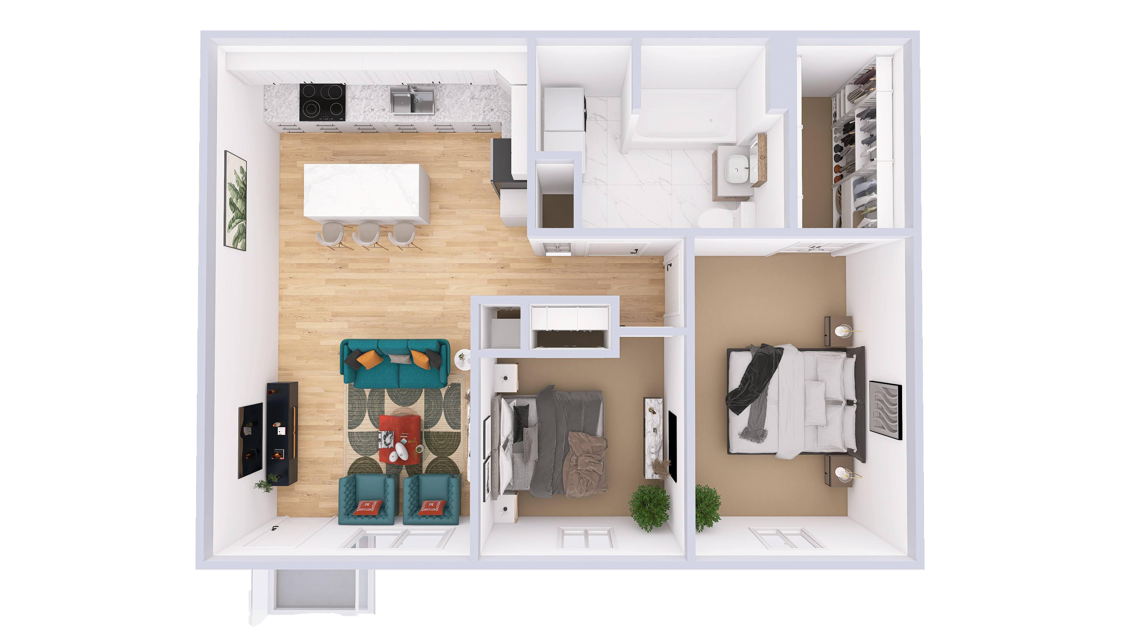 A white dollhouse with a living room, kitchen, and bathroom.