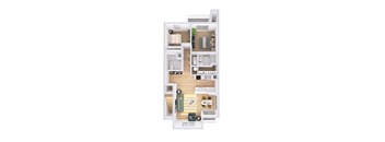 A top-down view of a small apartment with a kitchen, living room, and two bedrooms.