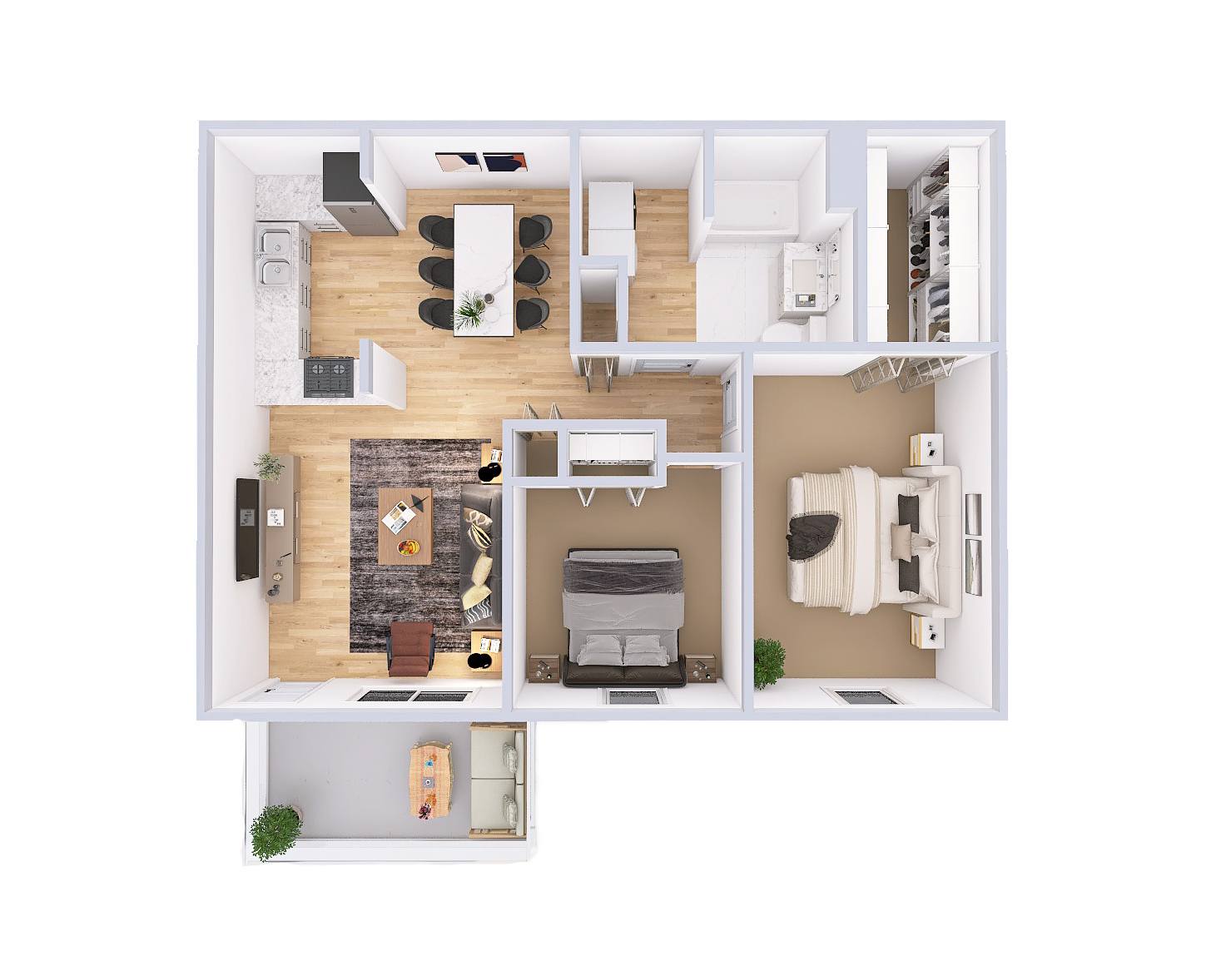 A top-down view of a house layout with a kitchen, living room, dining area, and bedrooms.
