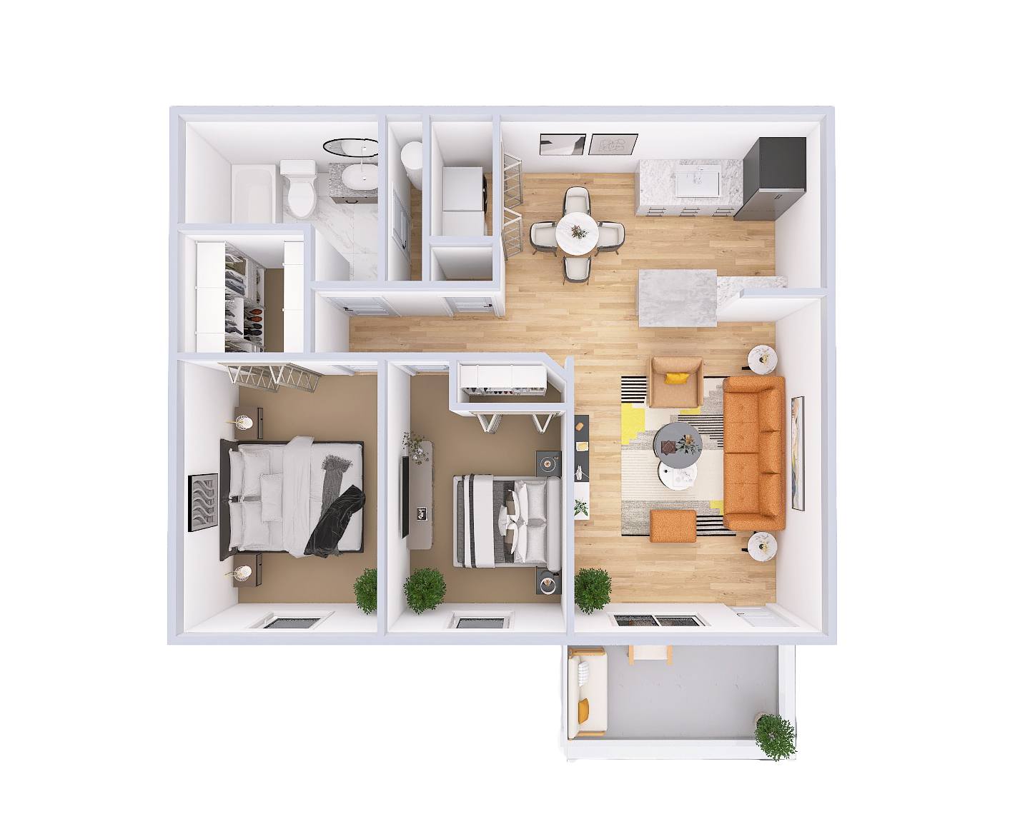 A top-down view of a modern apartment layout.