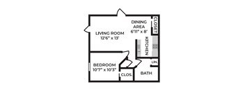 A floor plan of a small apartment with a living room, bedroom, kitchen, and bathroom.