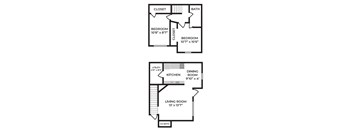 A set of three floor plans for a house with a living room, kitchen, and two bedrooms.