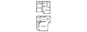 A floor plan of a home with two bedrooms, a living room, a dining room, a kitchen, a bathroom, and a closet.