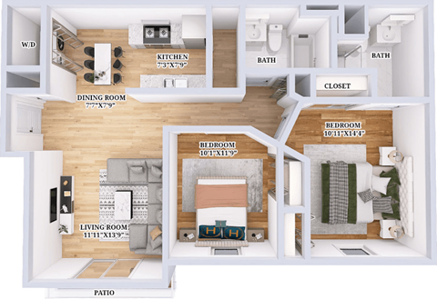 2 Bed 2 Bath Floor Plan at Prescott Place, Columbus, OH