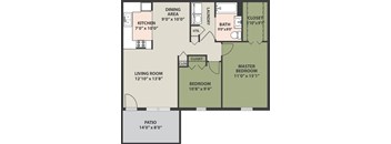 A floor plan of a house with a kitchen, living room, patio, and bathroom.