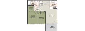 A floor plan of a house with a master bedroom, two bathrooms, a living room, a kitchen, a dining area, a laundry room, and a patio.
