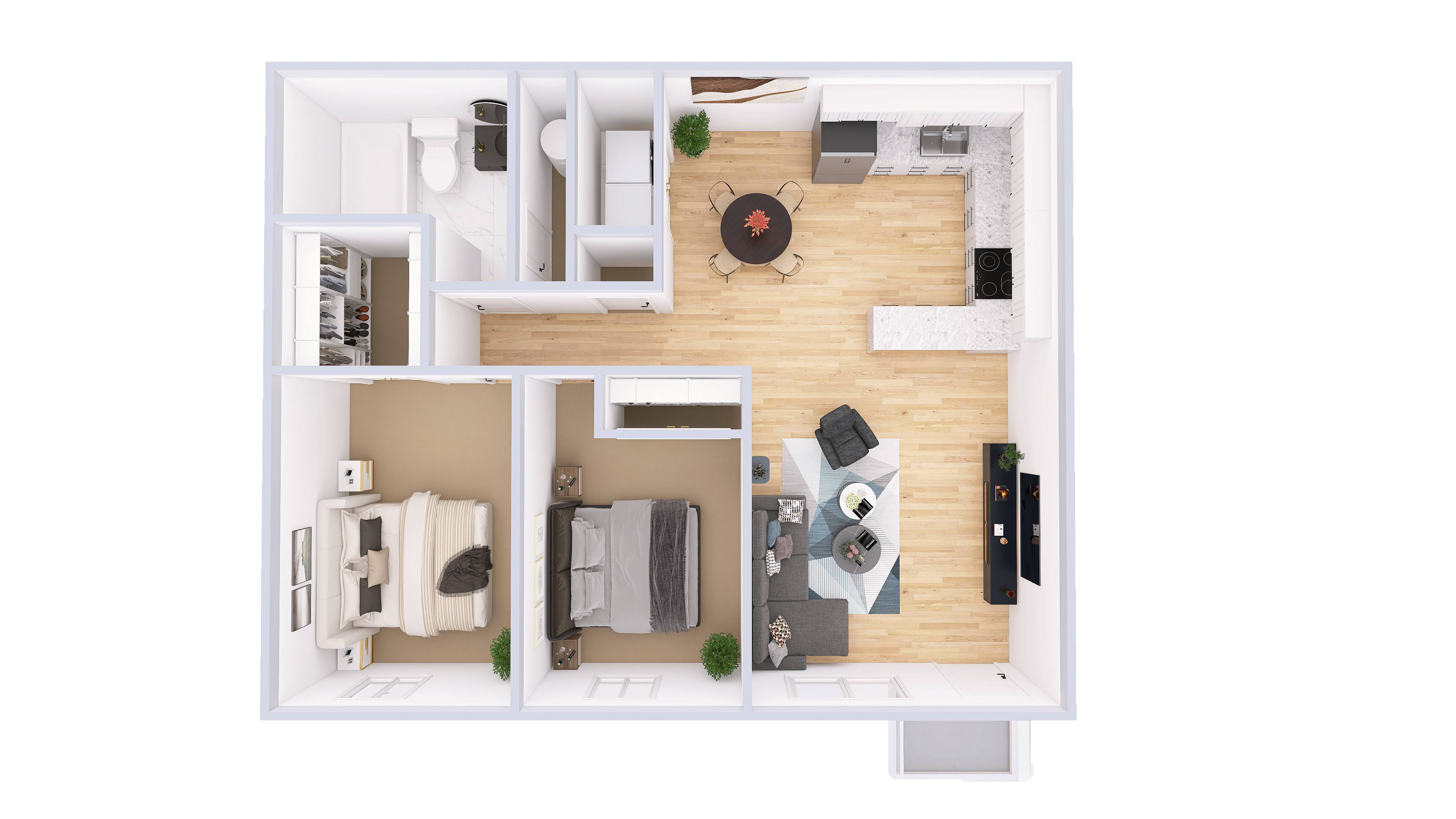 A top-down view of a small apartment with a kitchen, living room, and bathroom.