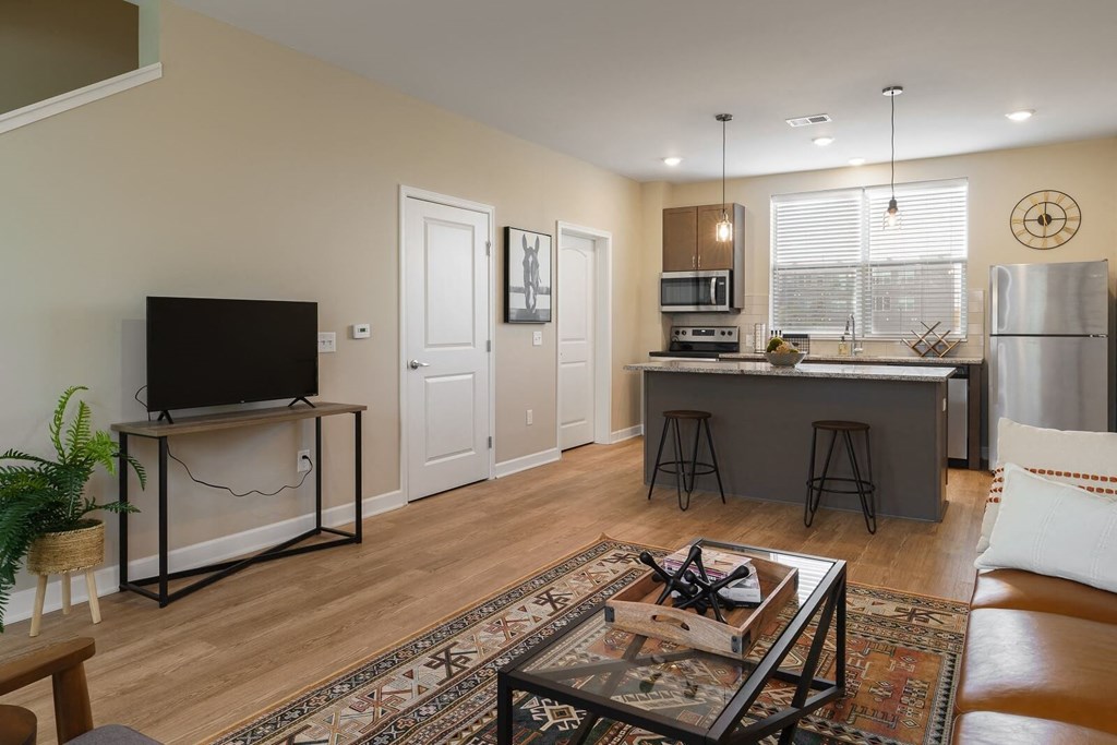 Living Area With Kitchen View at Adelphi Quarter, Columbus, OH, 43203