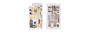 Two images of a small apartment layout with a kitchen, living room, and bedroom.