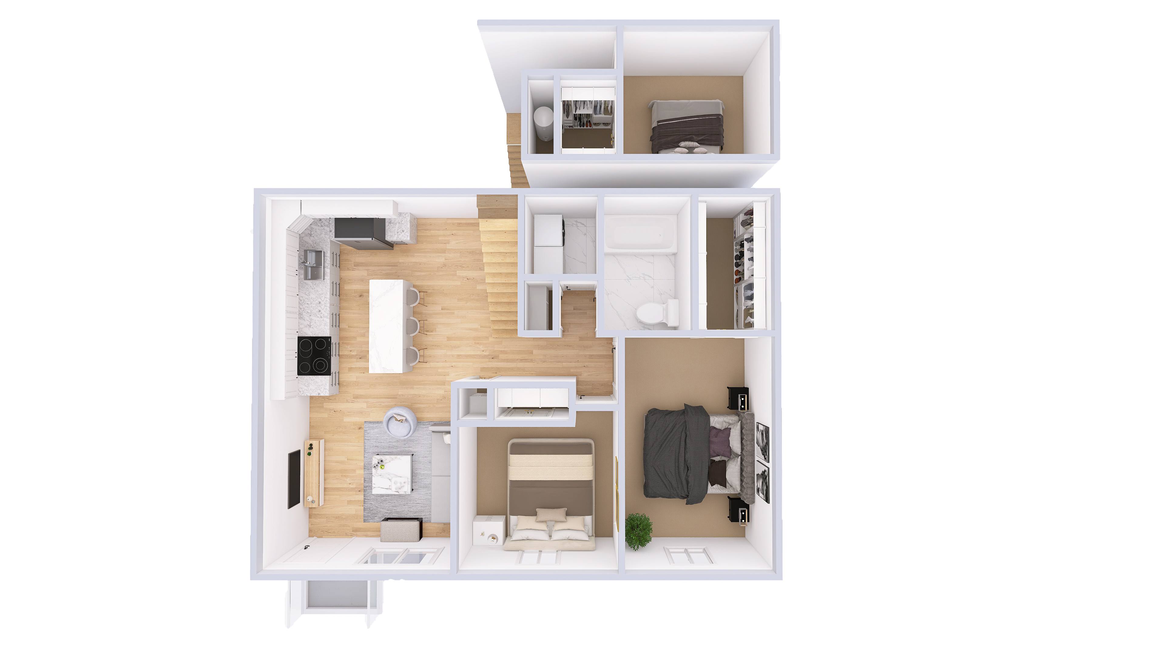 A floor plan of a small apartment with a kitchen, living room, and bathroom.