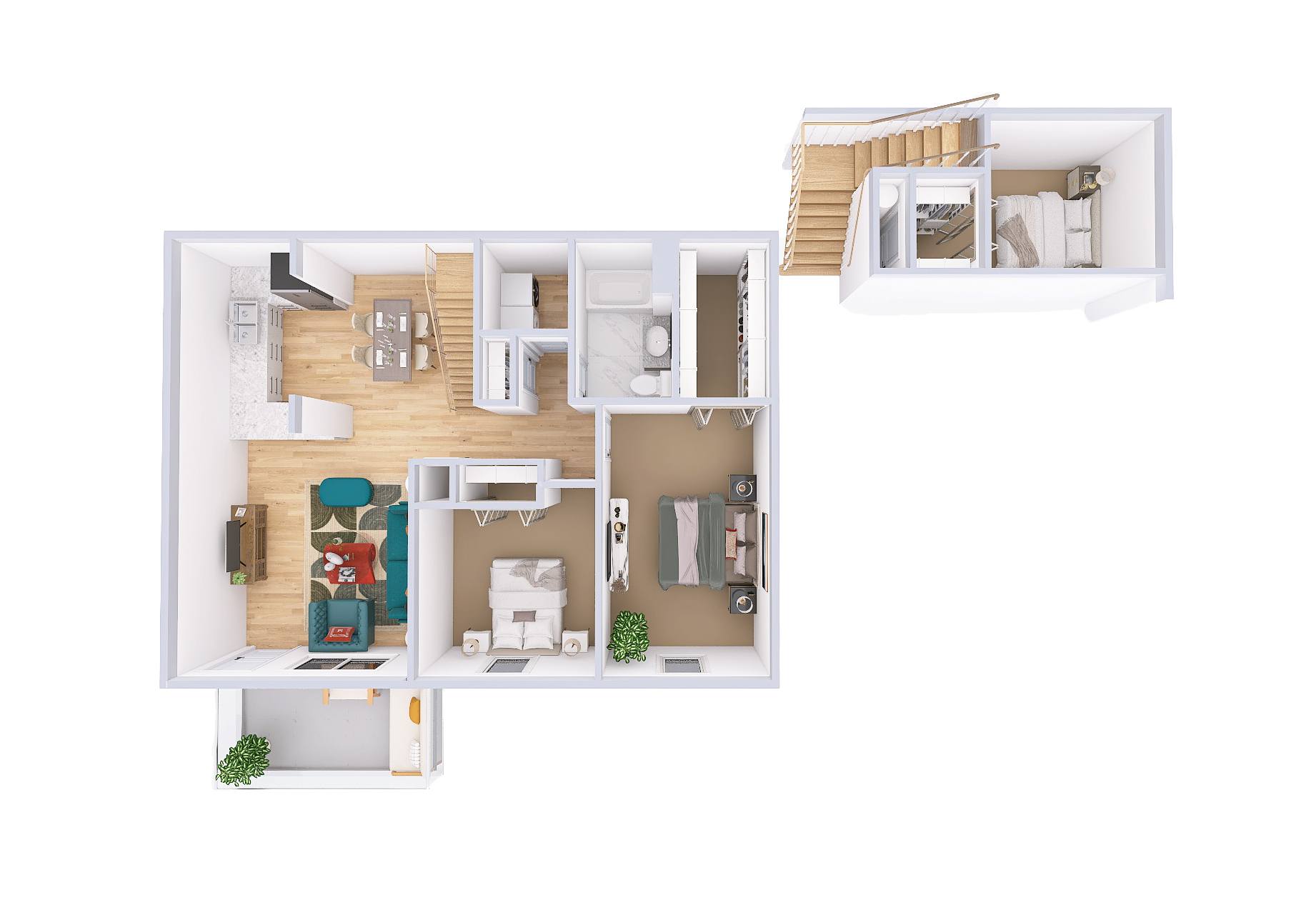 A white dollhouse with a blue chair in the living room.