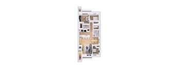 A floor plan of a two-bedroom apartment with a living room, kitchen, and bathroom.