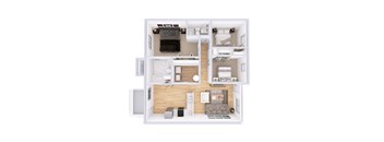 A top-down view of a small apartment with a kitchen, living room, and bedroom.