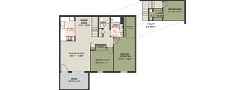 A floor plan of a house with a living room, dining area, kitchen, and three bedrooms.