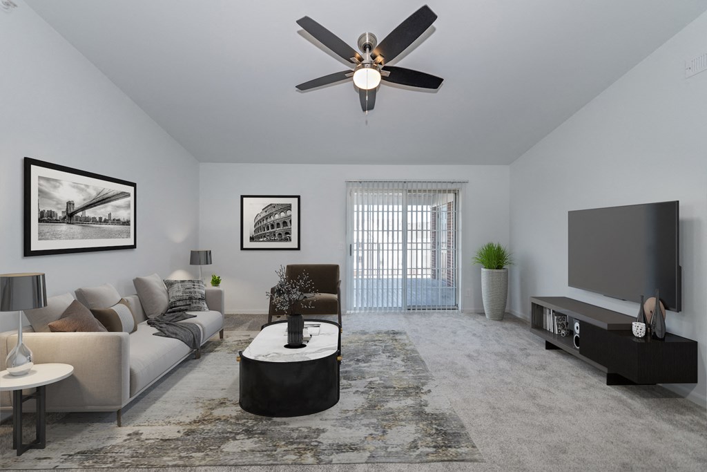 Modern Living Room with new gray carpet at Ivy Hills Living Spaces, Ohio