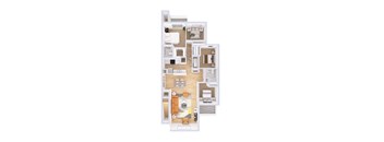 A floor plan of a house with a kitchen, living room, dining room, and bedrooms.