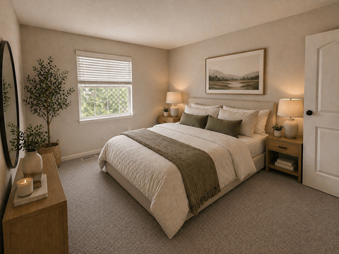 A bedroom with a large bed and a painting on the wall.