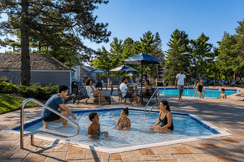 A group of people are enjoying a day at the pool.