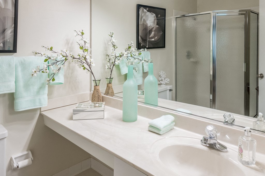 Bathroom with a sink and a mirror at Indian Creek Apartments, Ohio