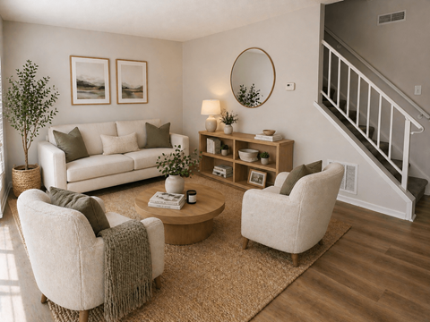 A living room with a white couch, two chairs, and a coffee table. at Indian Mound, Columbus, Ohio