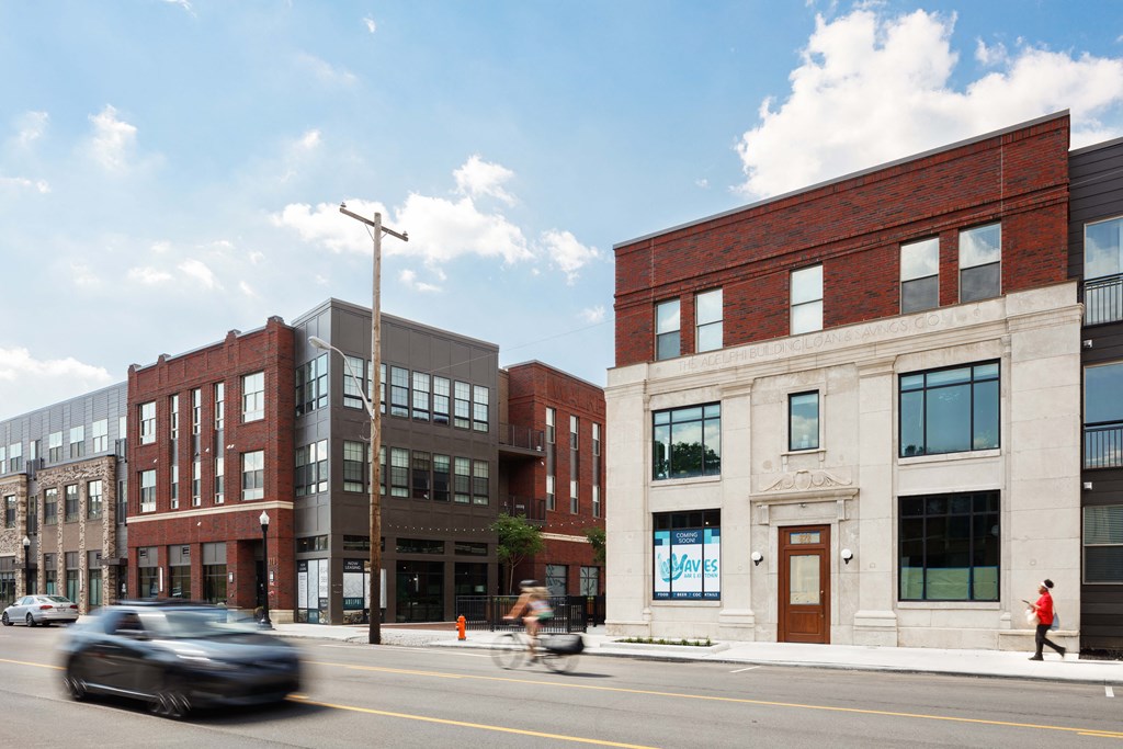 a view of a city street with cars and buildings at Adelphi Quarter, Columbus, Ohio