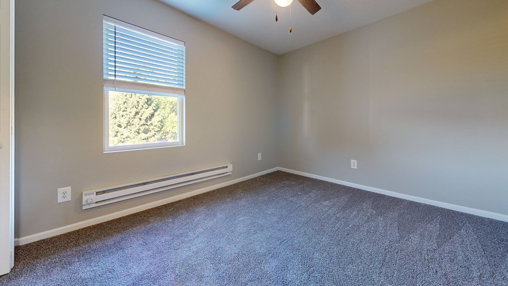 an empty room with carpet and a window
