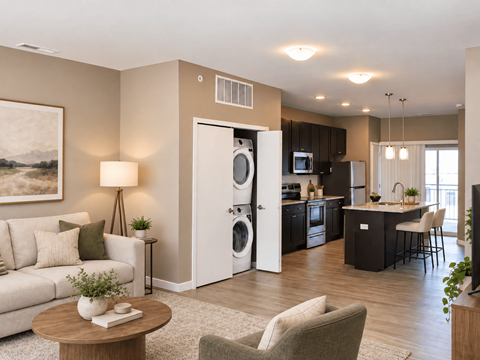 A modern kitchen with a refrigerator built into the cabinetry.