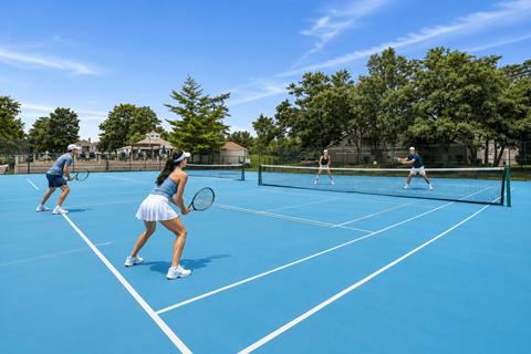 Three people playing tennis on a blue court.