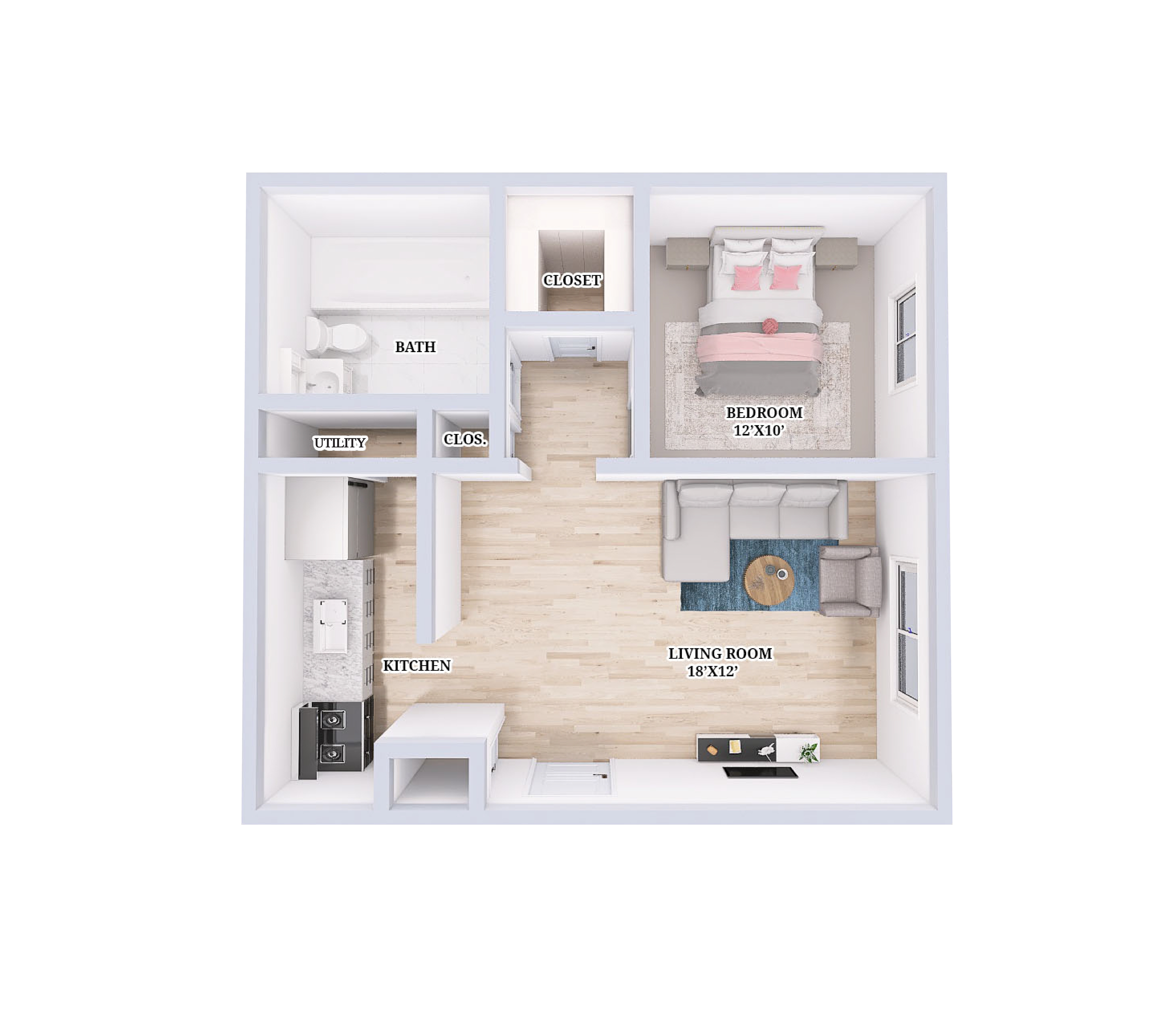 A diagram of a small apartment with a living room, kitchen, bathroom, and bedroom.