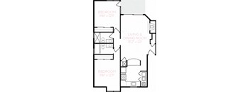 A black and white image of a floor plan for a home with two bedrooms and a living and dining room.