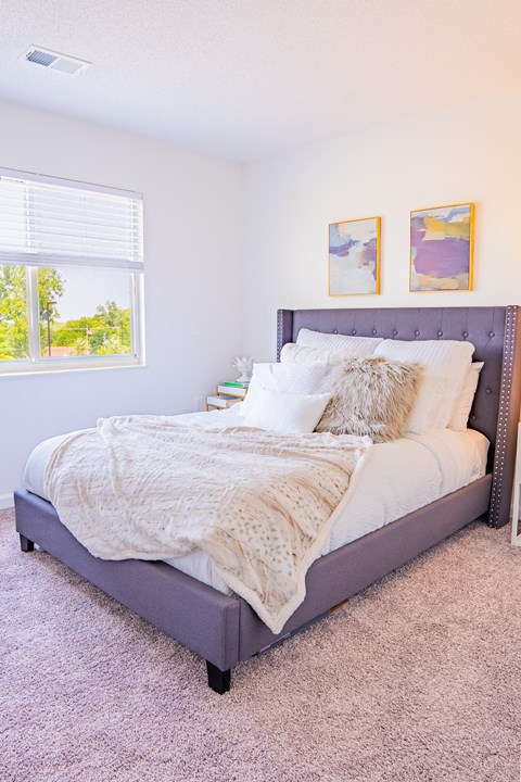 a bedroom with a bed and a window