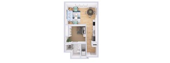 A top down view of a small apartment with a bed, a desk, and a kitchenette.