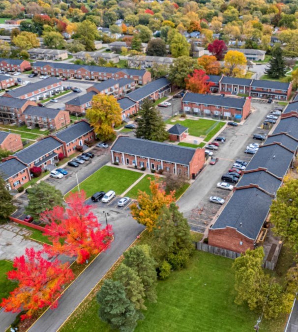arial view of a campus in the fall