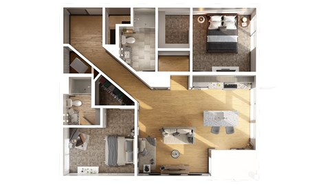 A top-down view of a house layout with a kitchen, living room, and bedrooms.