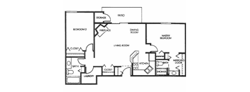A floor plan of a house with a living room, dining room, kitchen, and multiple bathrooms.