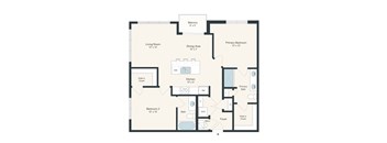 A floor plan of a house with a living room, two bedrooms, a kitchen, a dining area, a bathroom, and a foyer.