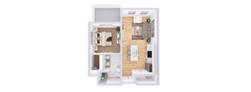A top down view of a small apartment with a bedroom, living room, and kitchen.